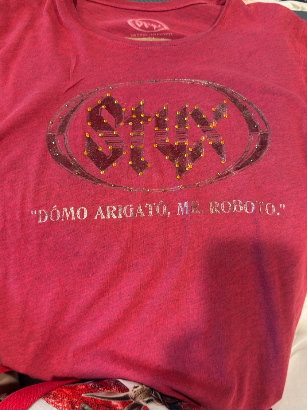 STYX band shirt, Women’s wine- Red T-Shirt with hand placed gold rhinestones